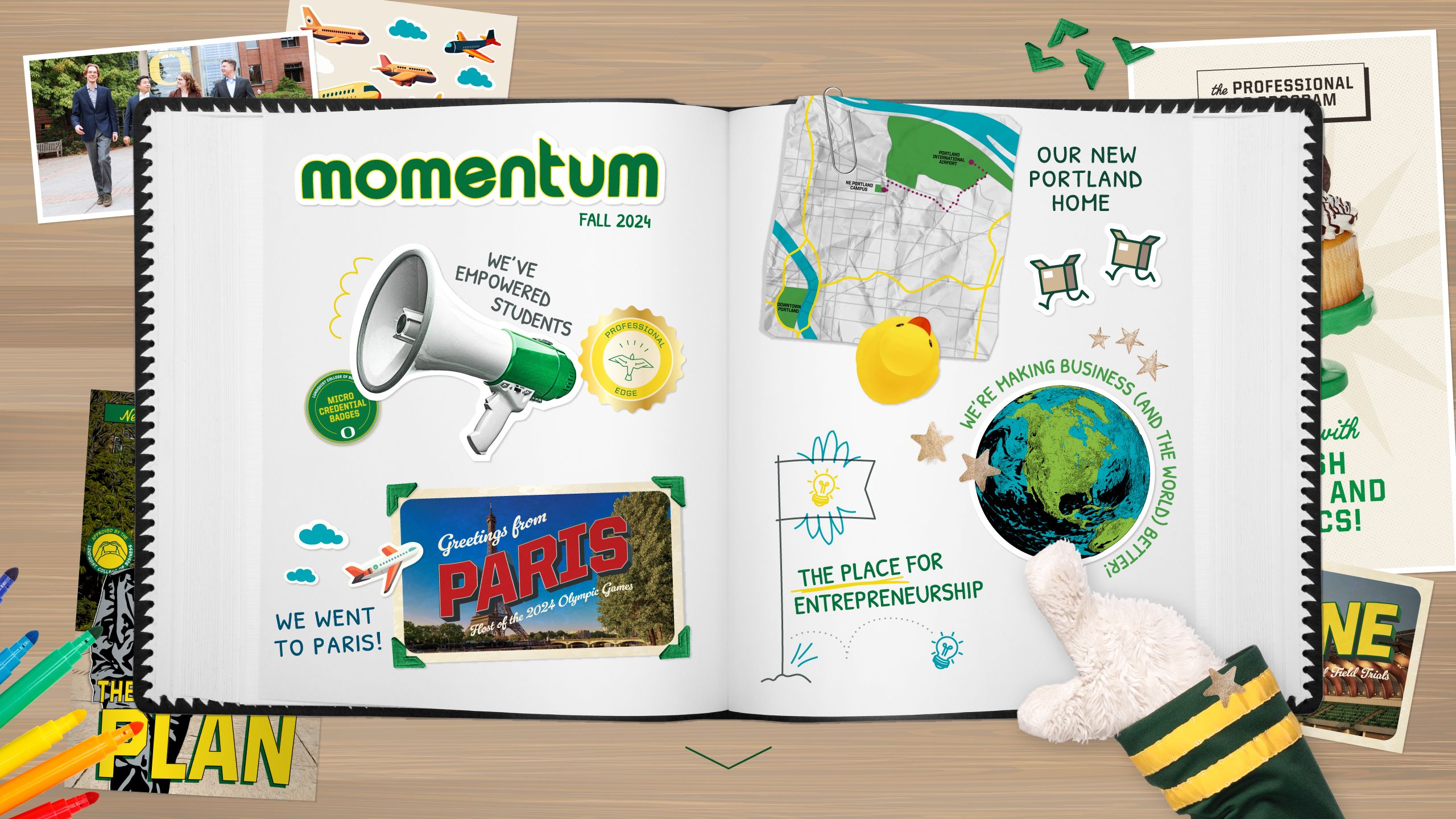 A collage image of a scrapbook including multiple elements representing each story of this Momentum issue.