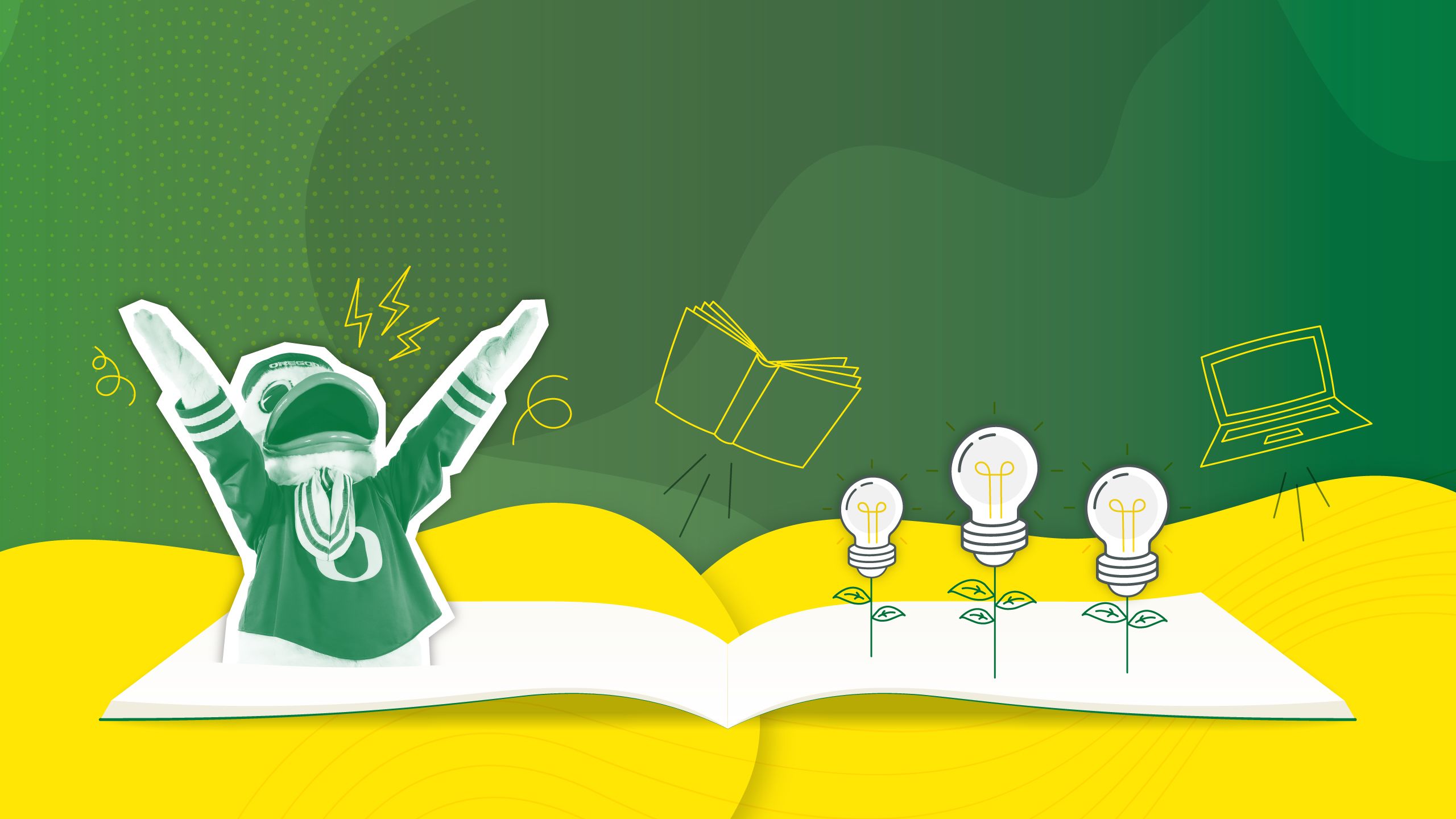An image of the University of Oregon Duck mascott, an open book and computer flying, and light bulbs growing as flowers.