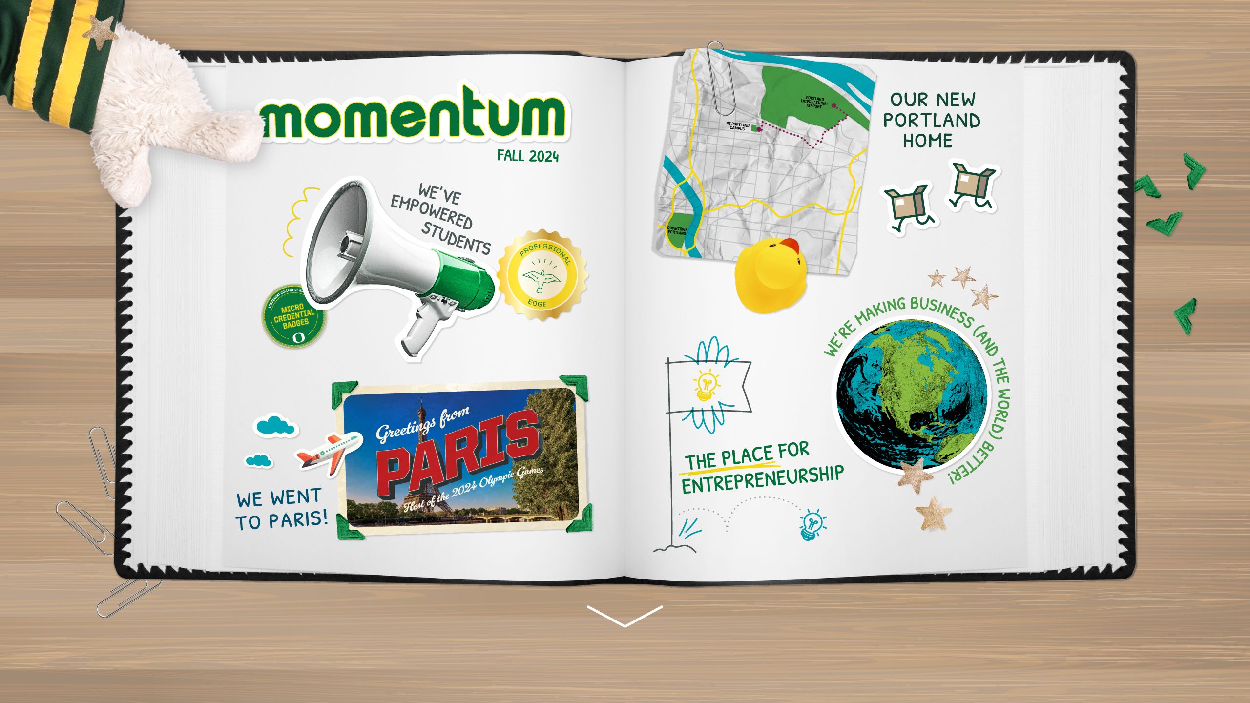 A collage image of a scrapbook including multiple elements representing each story of this Momentum issue.