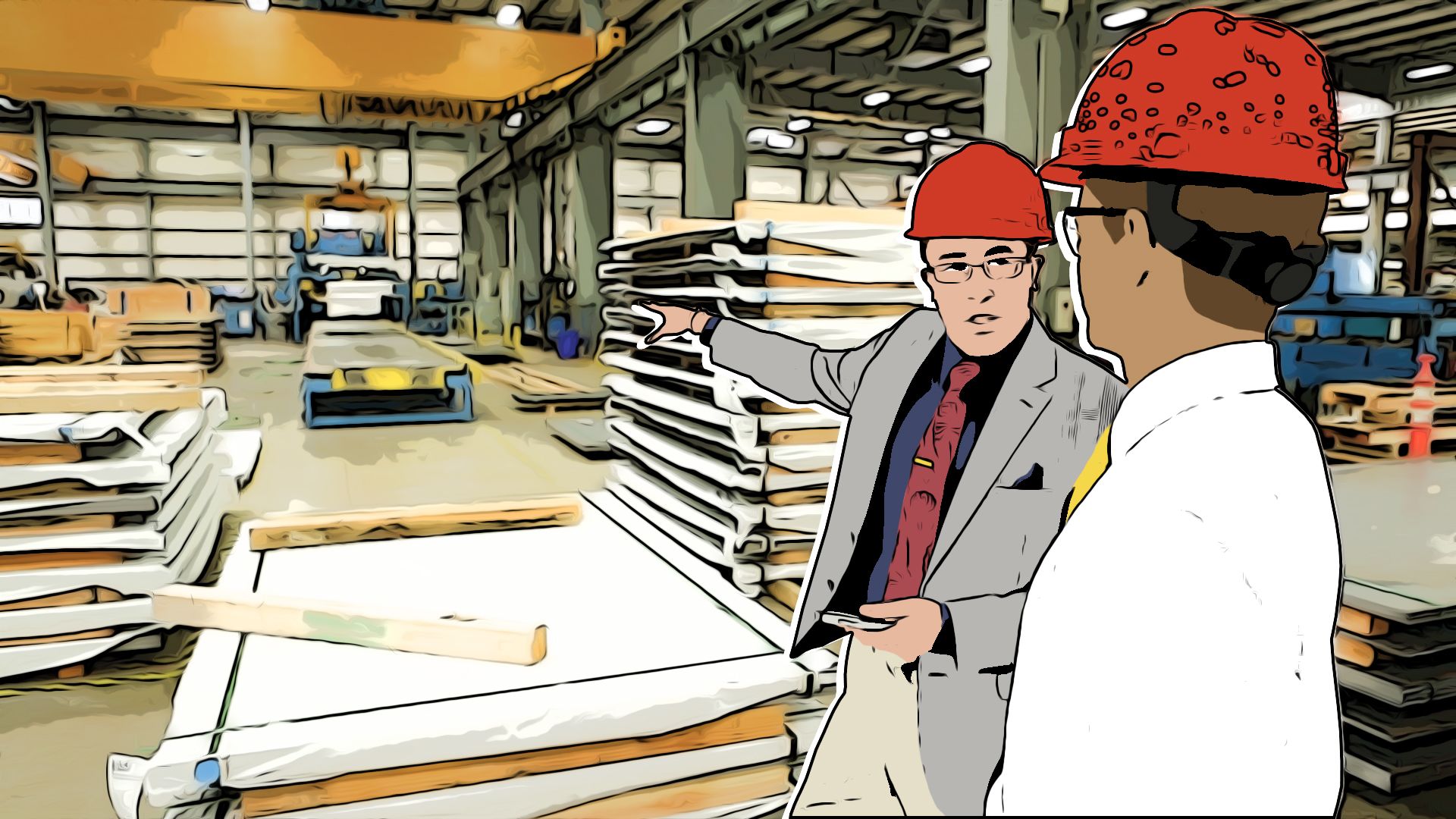 A comic book-style illustration of an alum and a student in a warehouse setting