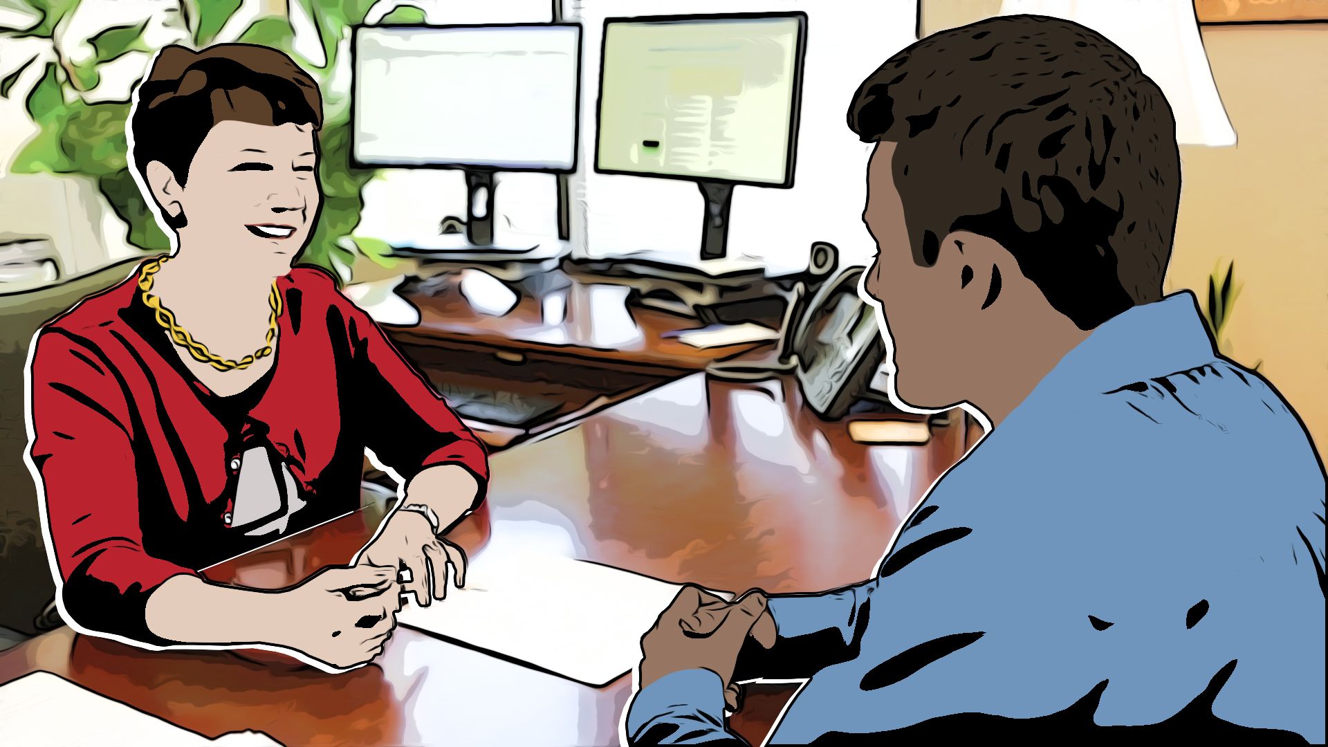 A comic book-style illustration of an alum and a student in an office setting