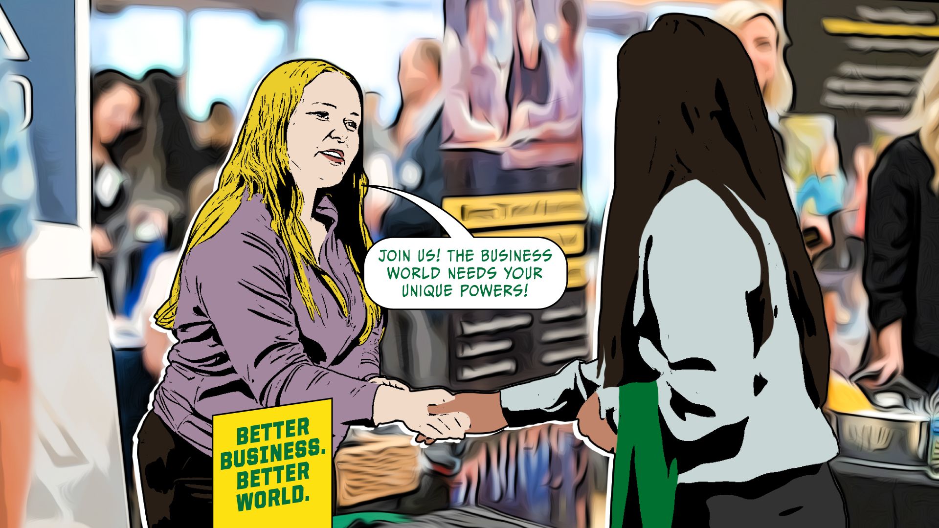 A comic book-style illustration of a student and a recruiter saying Join us—the business world needs your unique powers