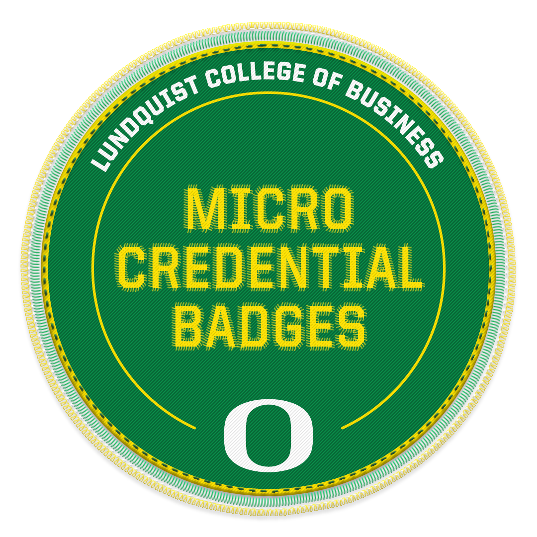 An image of a badge with the words Lundquist College of Business microcredential badges