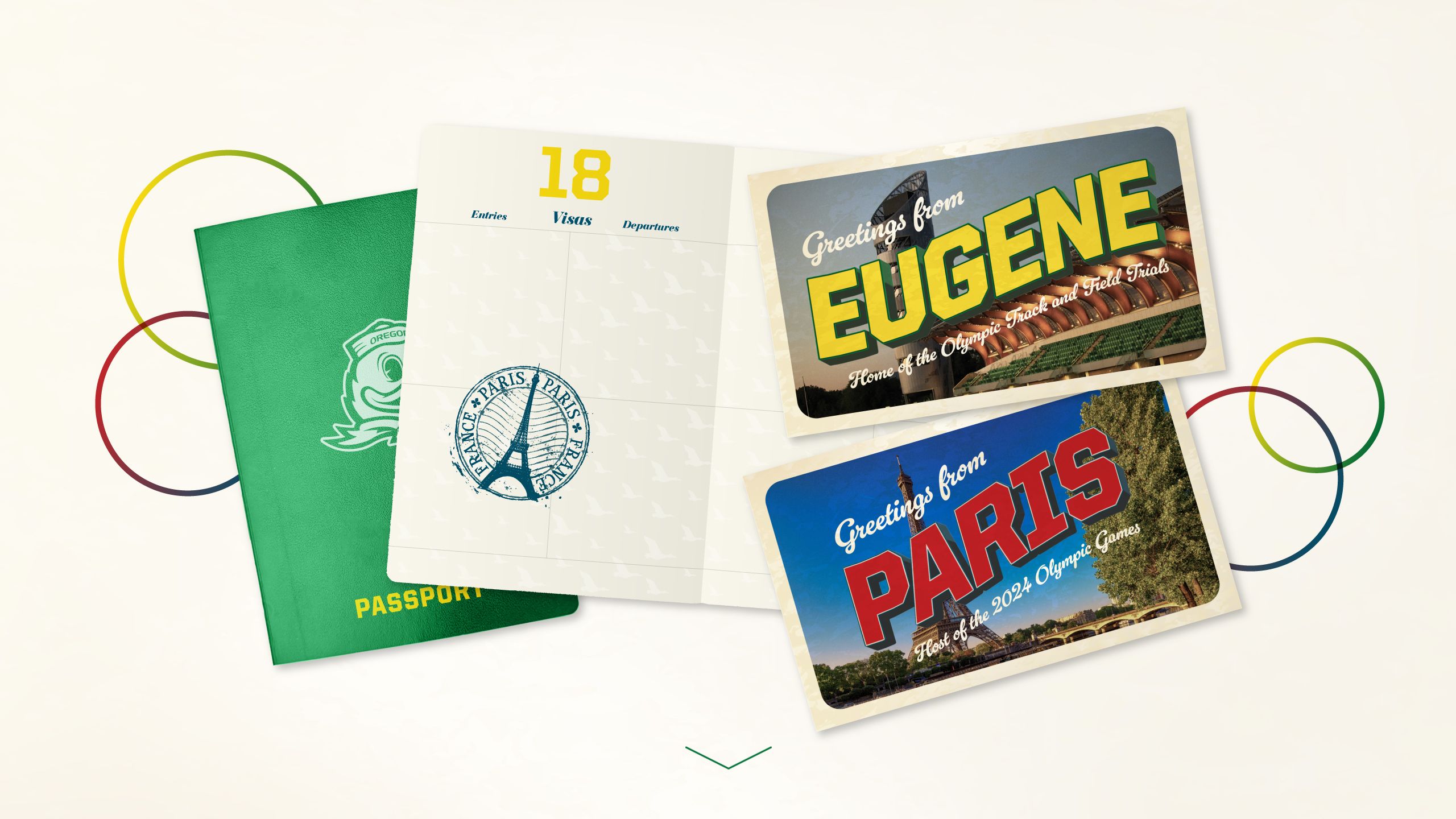 A collage of images including a passport and postcards from Eugene and Paris