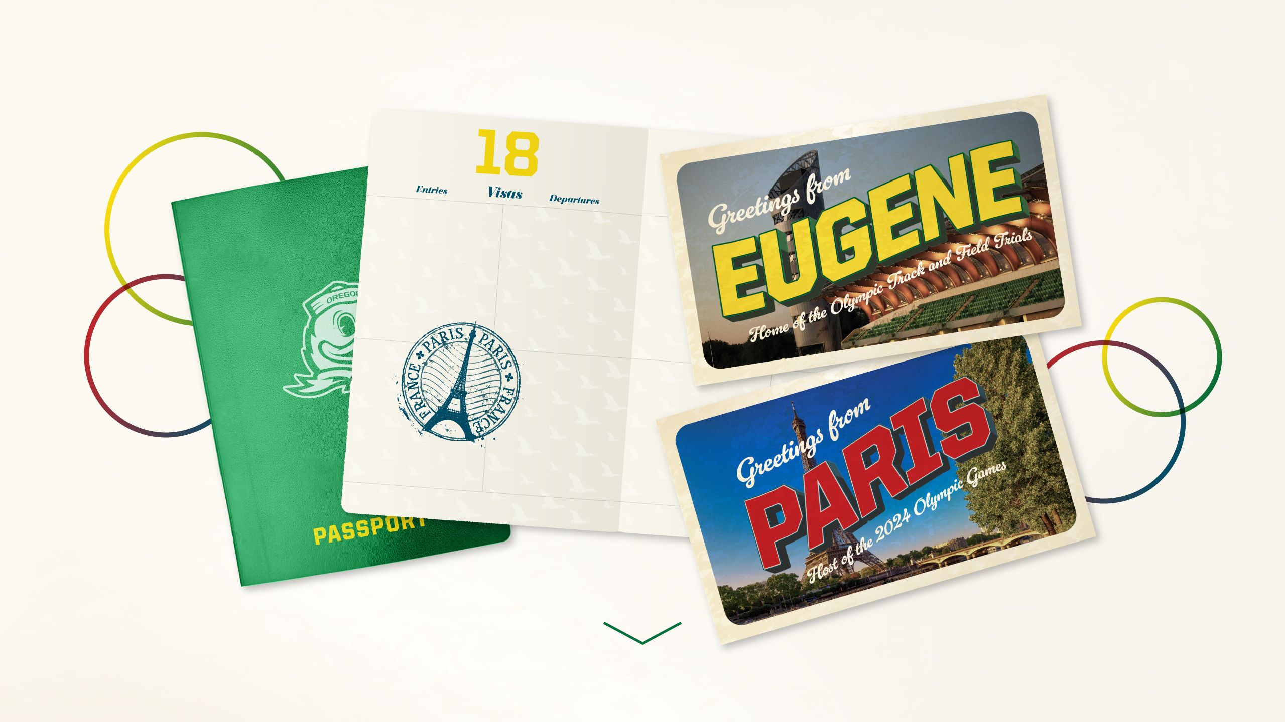 A collage of images including a passport and postcards from Eugene and Paris