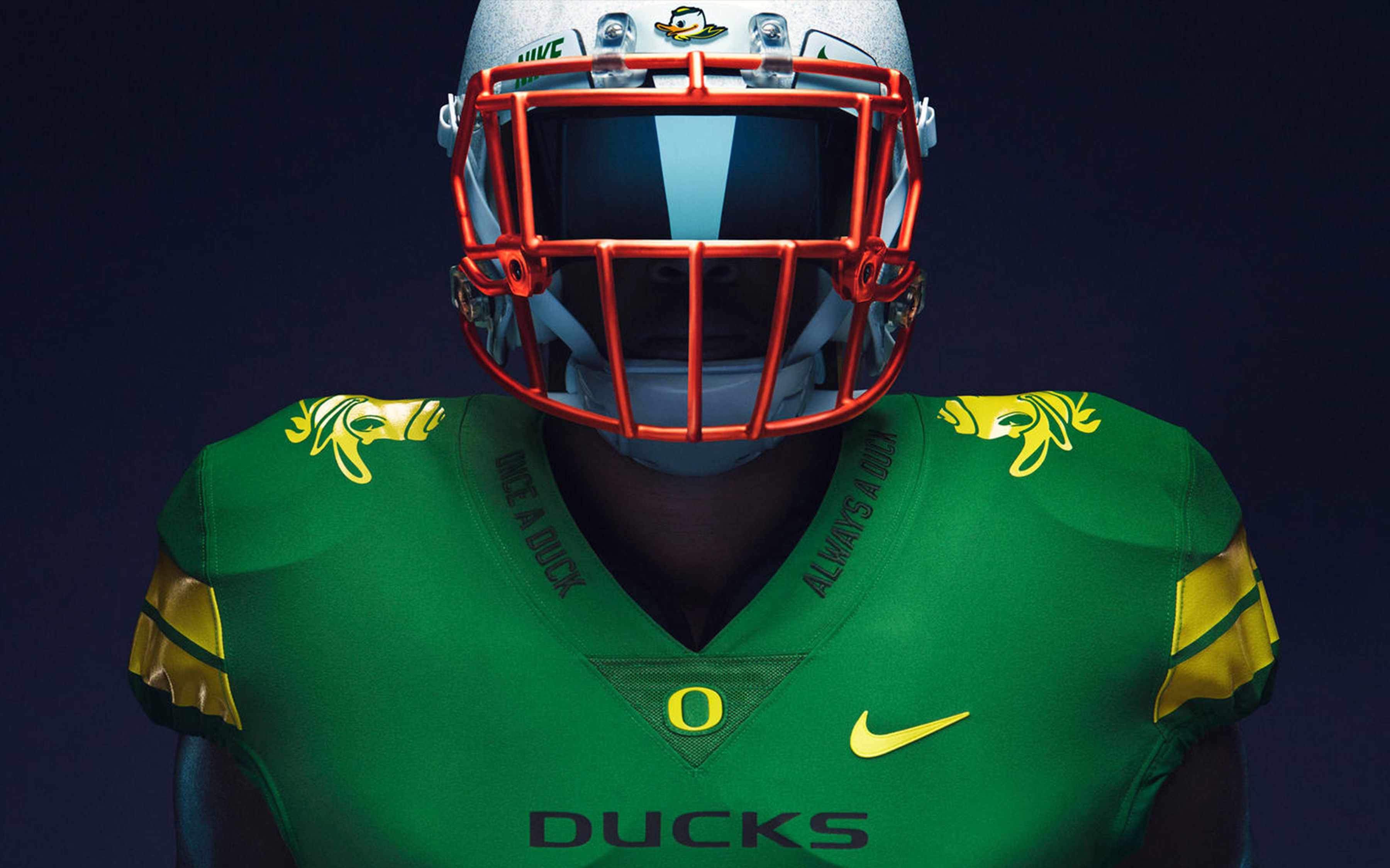 Close-up photo of an Oregon Ducks football player in uniform.