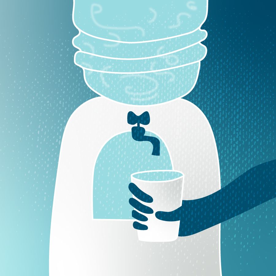 An illustration of a hand holding a cup at a water cooler.
