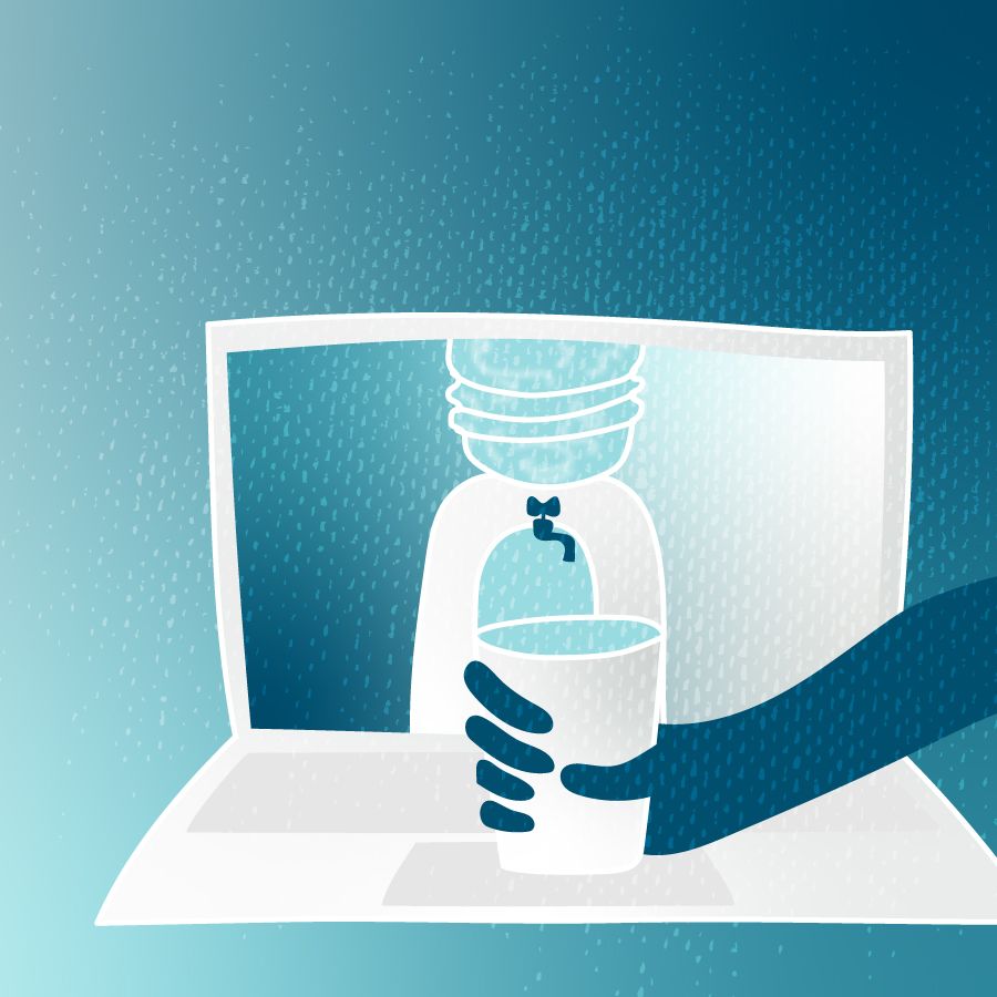 An illustration of a hand holding a cup in front of a laptop showing a water cooler on the screen.