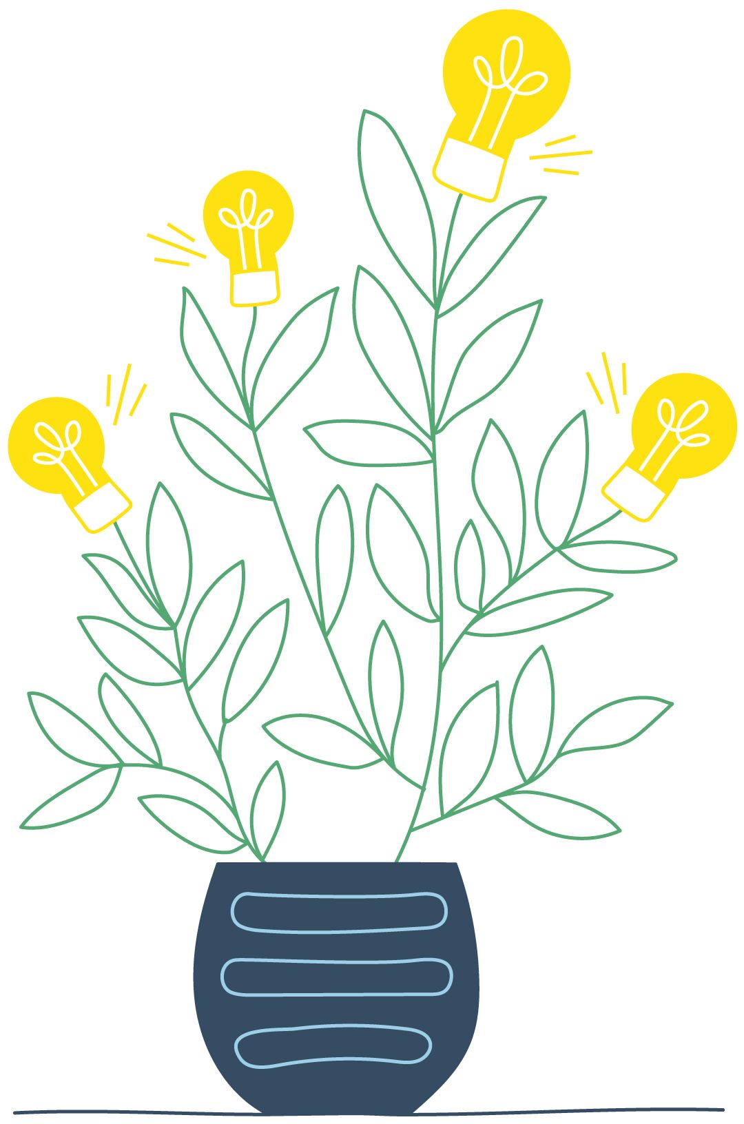 An third illustration of the same potted plant that has grown more and sprouted lightbulbs as flowers.