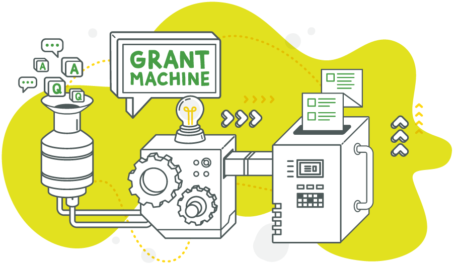 An illustrated image of an imaginary grant machine with data being entered into one end and data coming out of the other end.