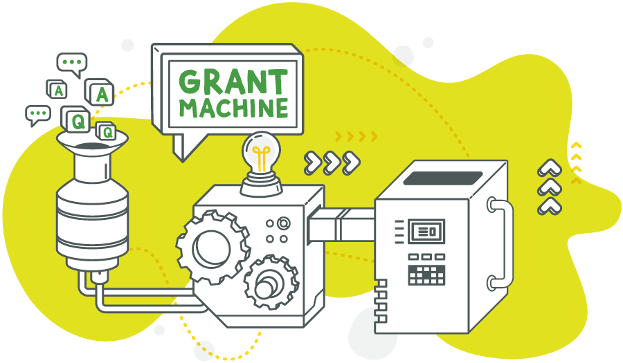 An illustrated image of an imaginary grant machine with data being entered into one end of it.